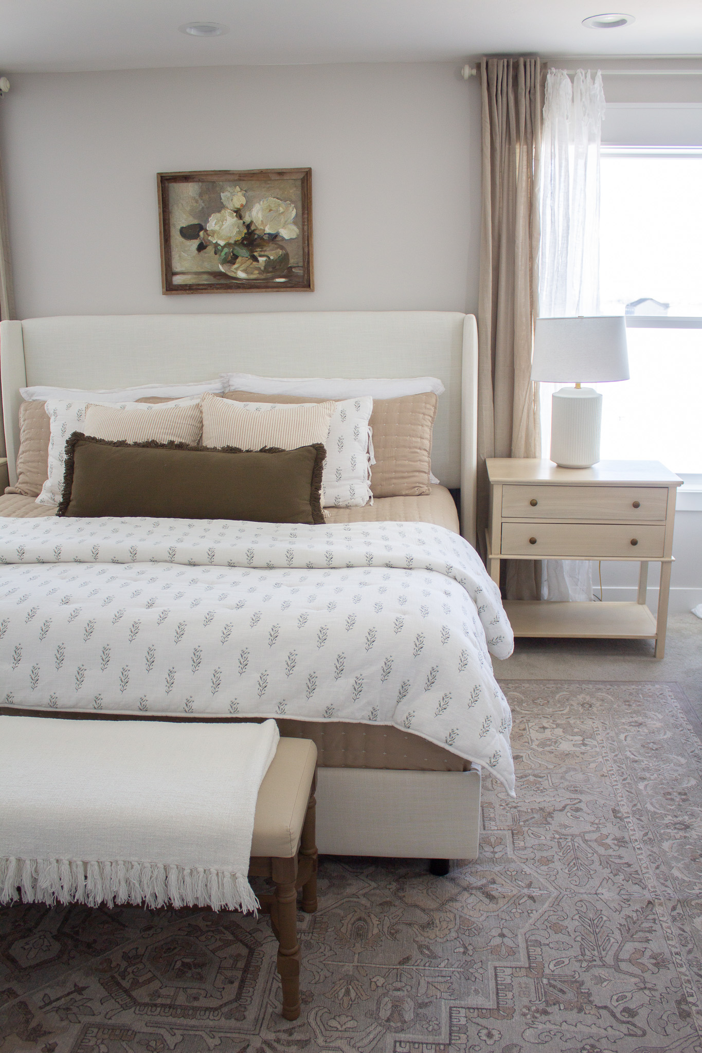 Neutral and Cozy Primary Bedroom Refresh Neutral rug Block print bedding
