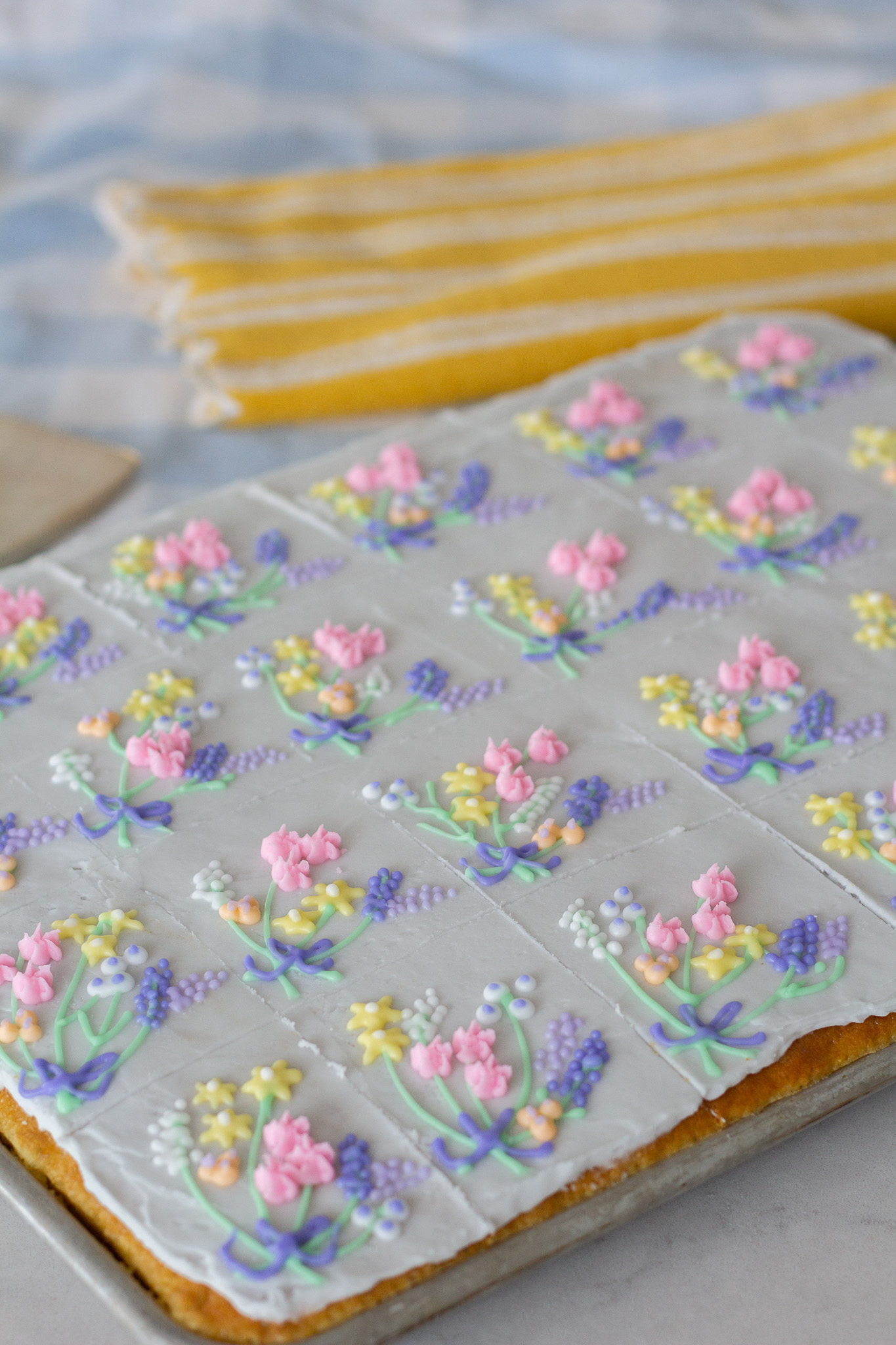 lemon sheet cake with frosting florals 