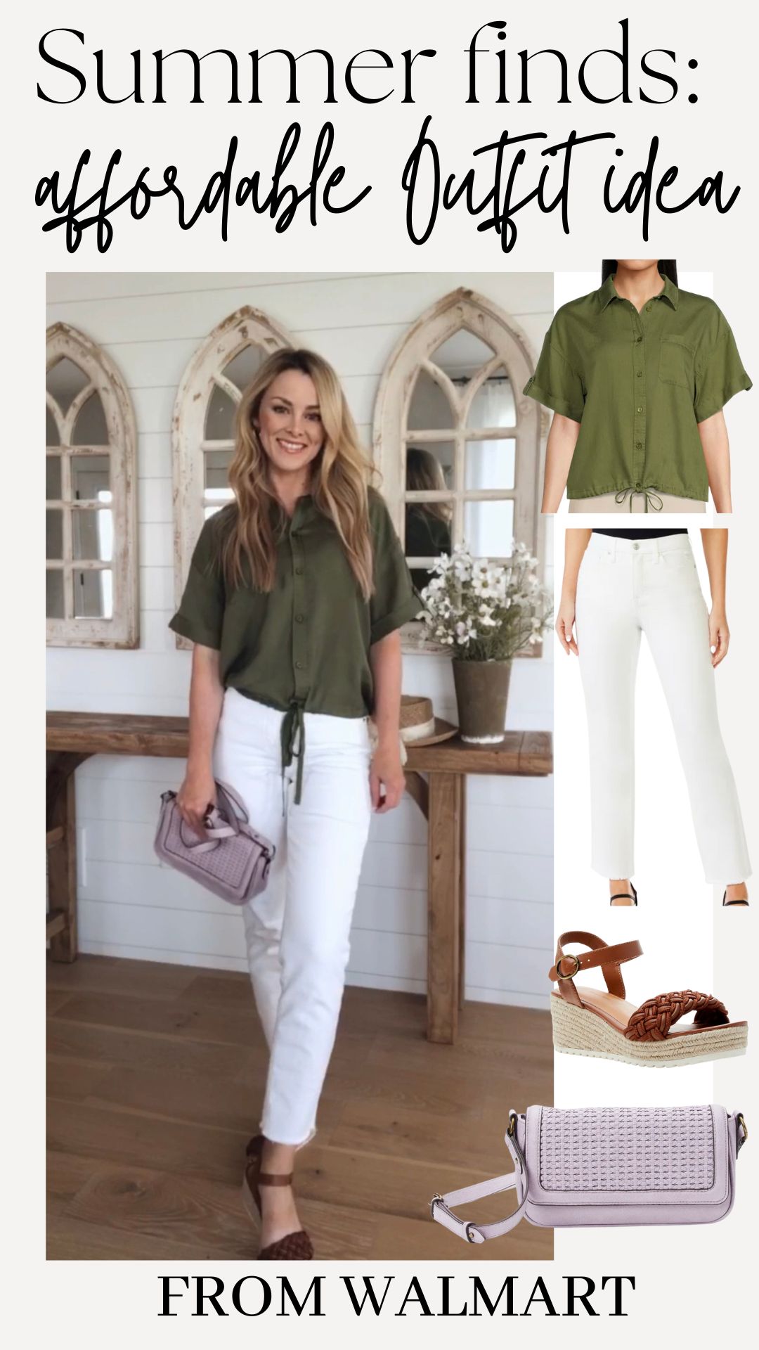 Affordable summer styles from Walmart. Green cargo top, white pants and braided wedges