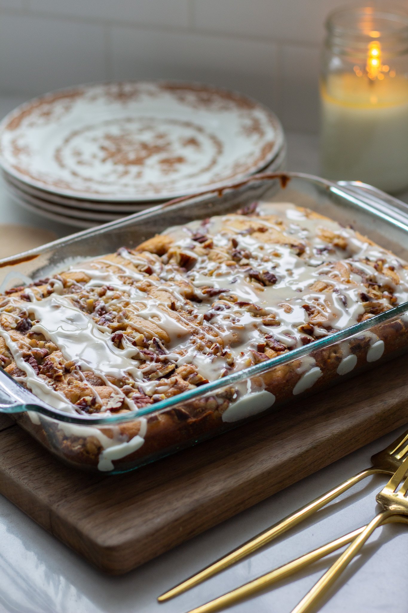 Cinnamon Streusel Coffee Cake with vanilla glaze drizzled on top 