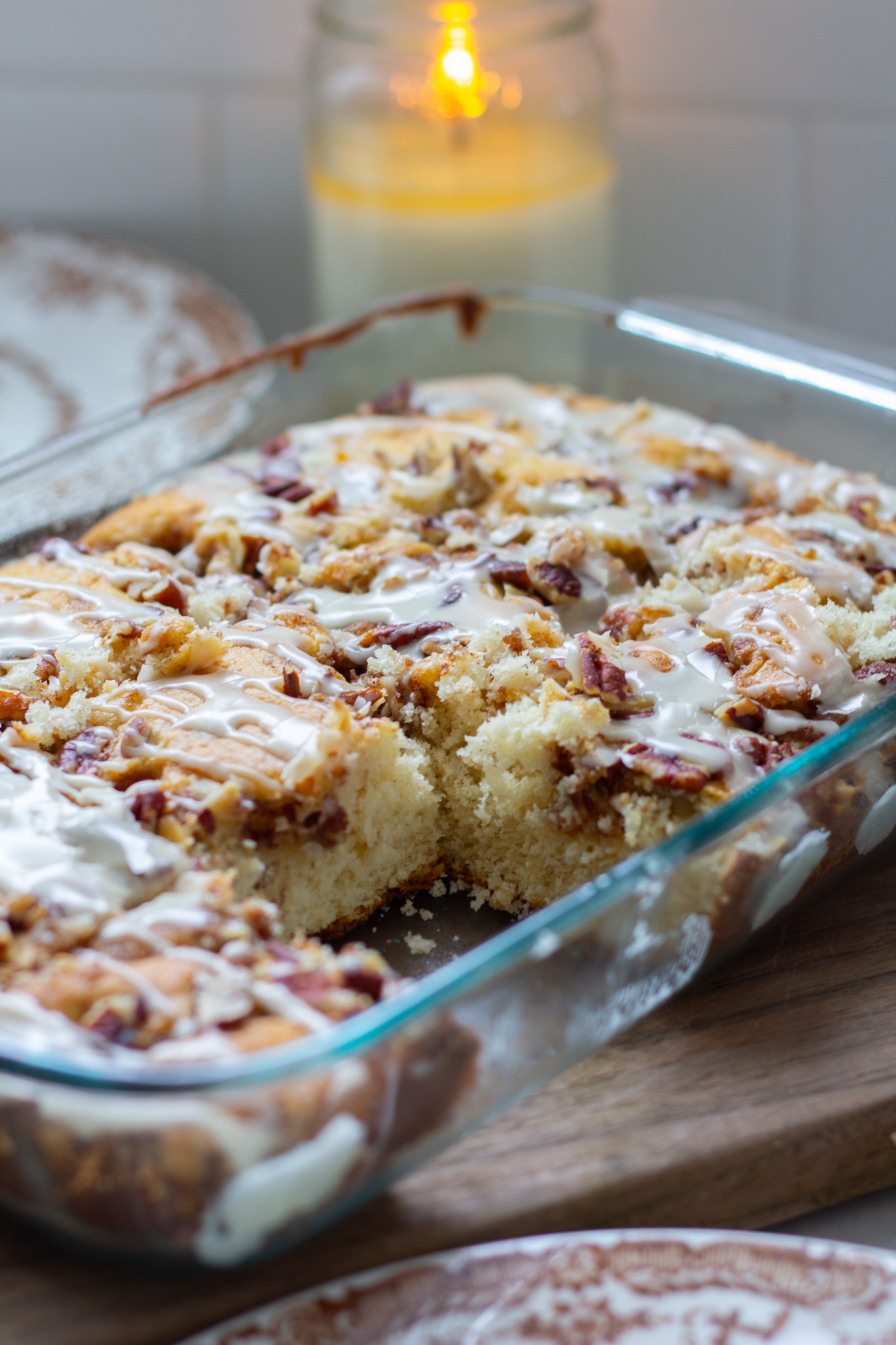 Cinnamon Streusel Coffee Cake with candle in the background 