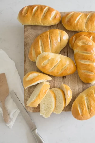 Fresh baked bread on cutting board.